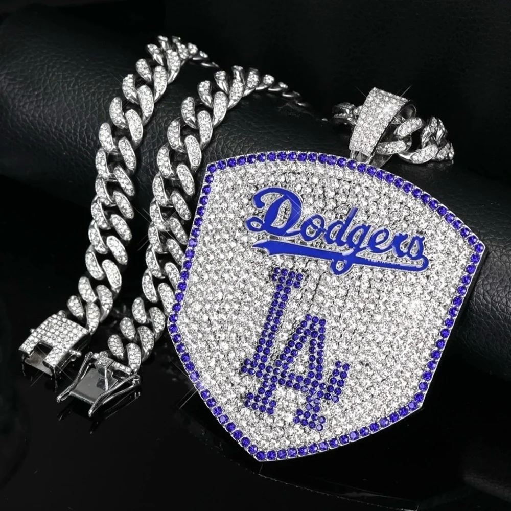 Iced Out Cuban Chain Rhinestone Large Pendant Necklace LA DODGERS MENS 20” Chain
